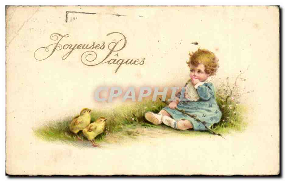 CPA Fantaisie Joyeuses Paques (enfant bebe et poussin poule)