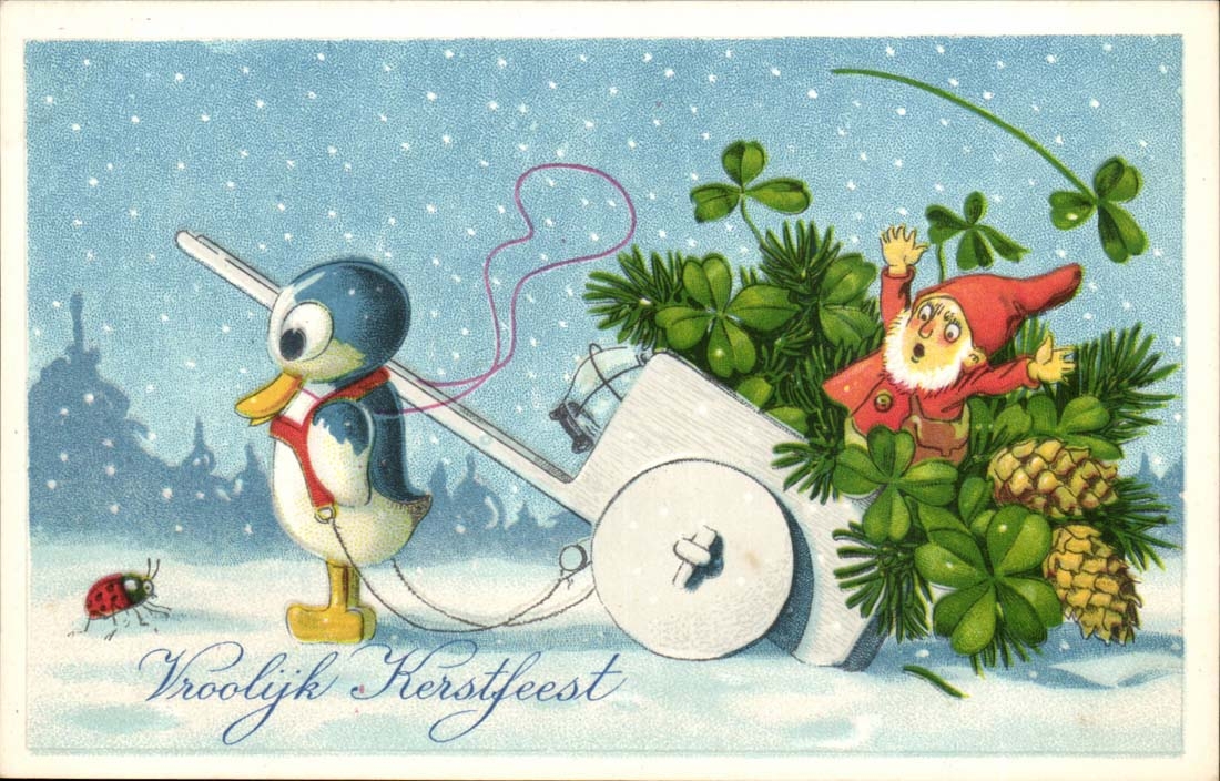 Pinguin et gnome de Noël — scène hivernale avec sapins et trèfles — éditeur non visible