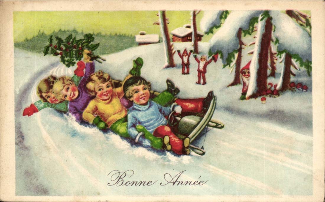 Enfants glissant sur une luge enneigée — Sujet de carte de vœux — Éditeur inconnu