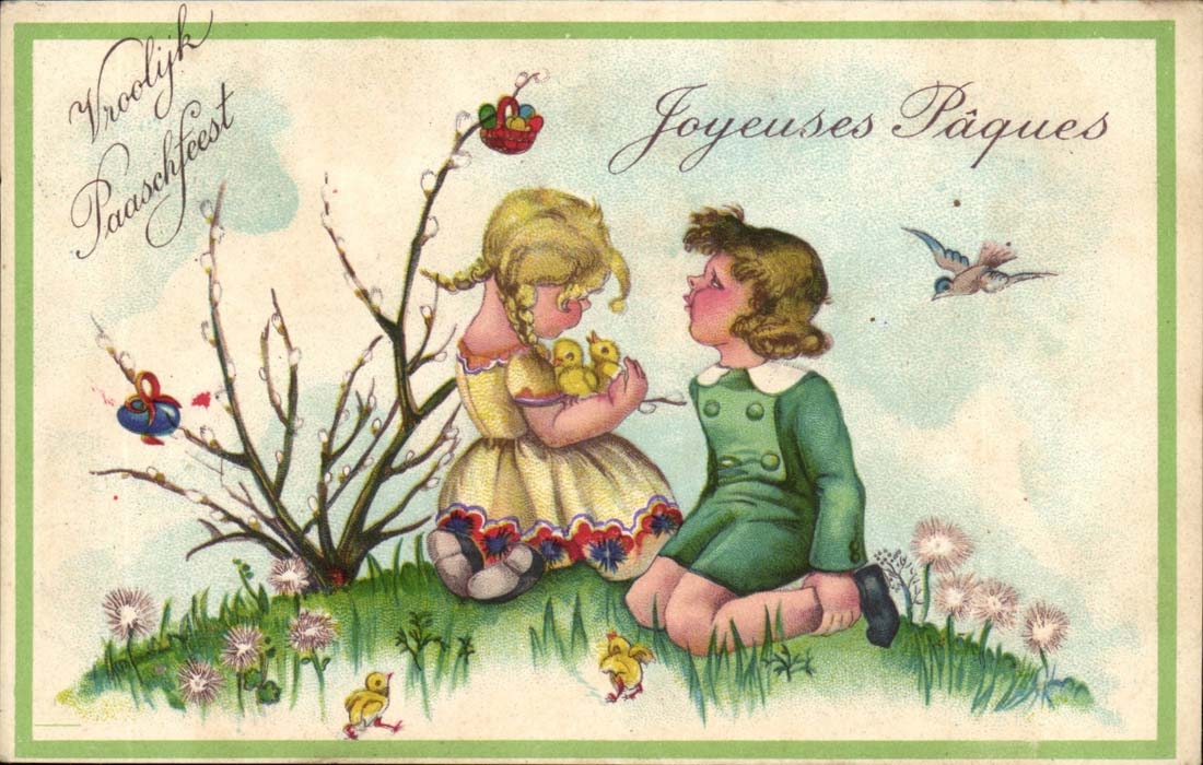 CPA FAntaisie Joyeuses PAques (enfants hirondelles Easter)