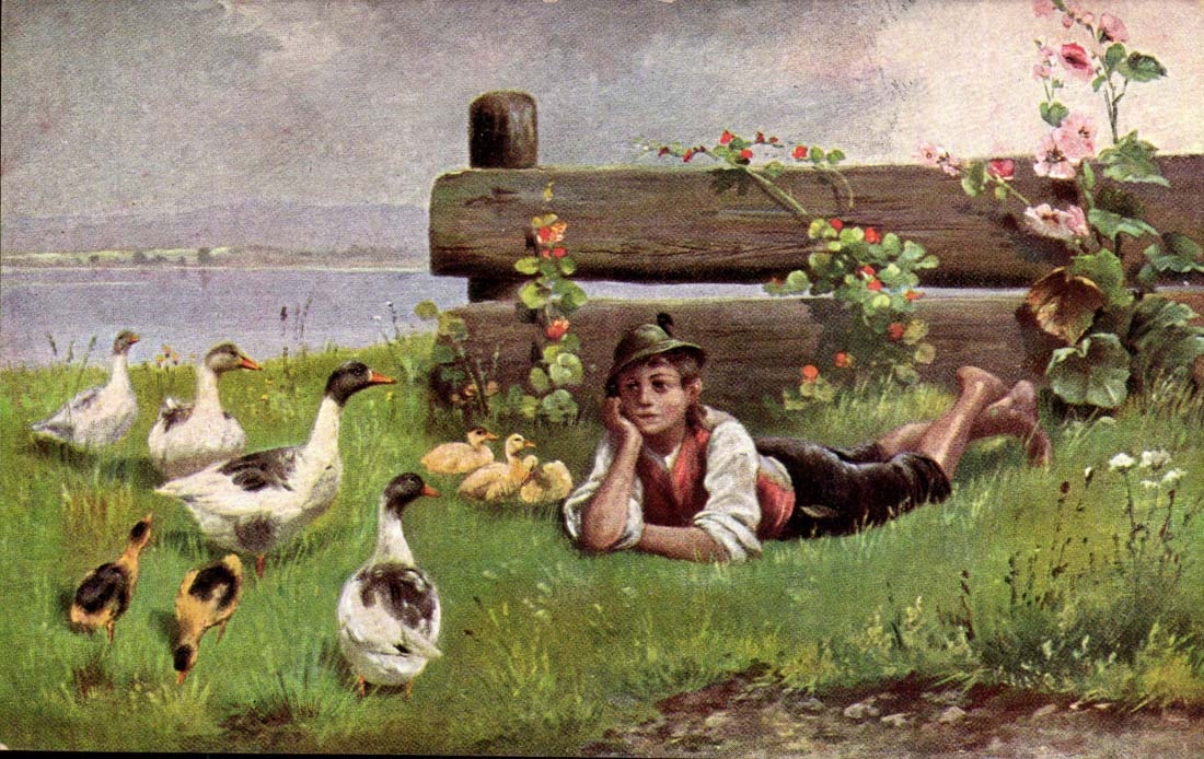 CPA FAntaisie enfant dans les paturages (oies poules canard)