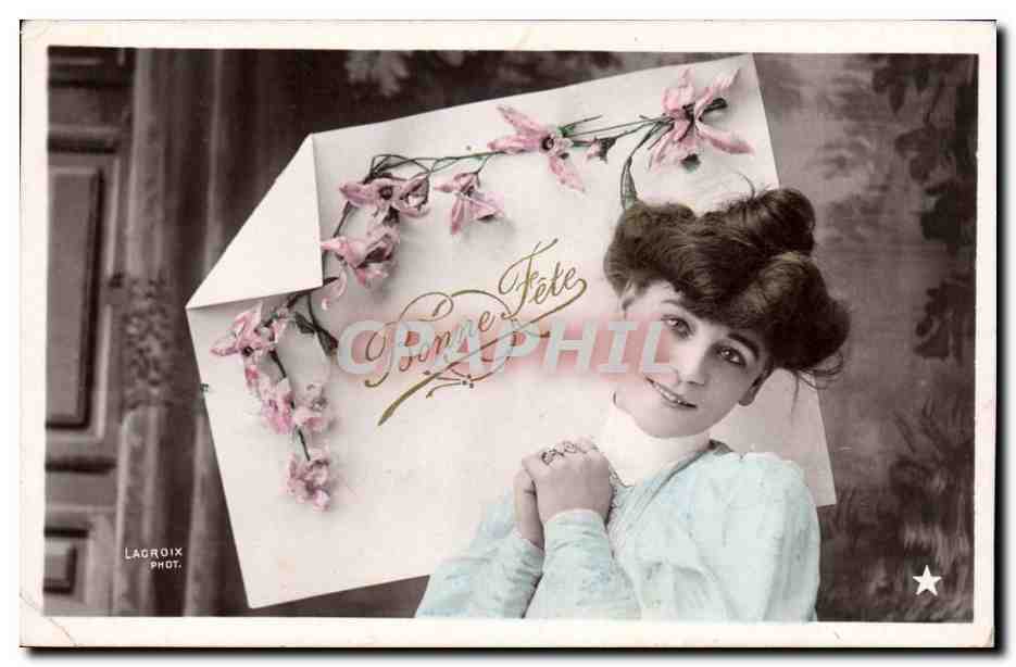 Jeune femme — avec carte de vœux 'Bonne Fête' — Lagroix Phot.