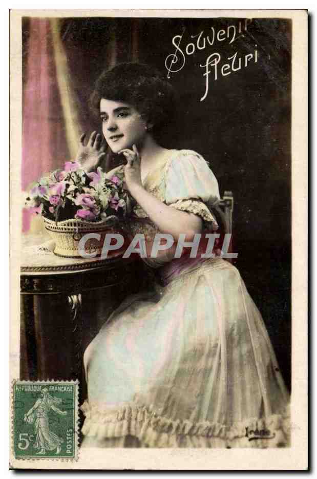 CPA Fantaisie Souvenir fleuri (femme)