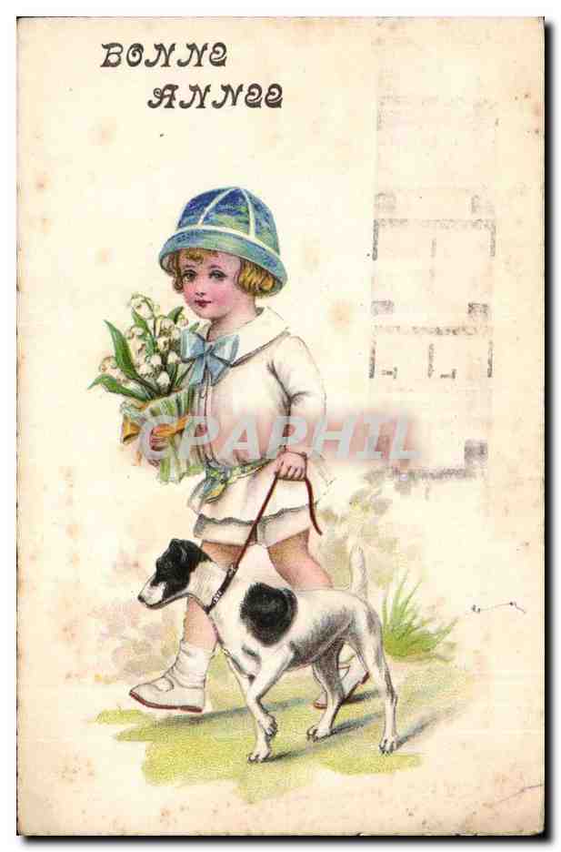 CPA Fantaisie Enfant Bonne annee chien dog