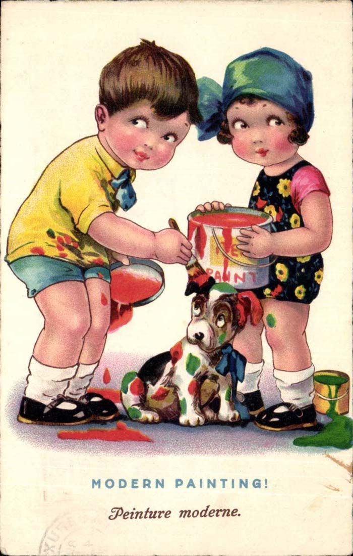 CPA Fantaisie Modern painting Peinture moderne enfants chien dog