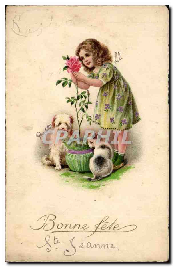 CPA Fantaisie Bonne fete Ste Jeanne (chien et chat cat)