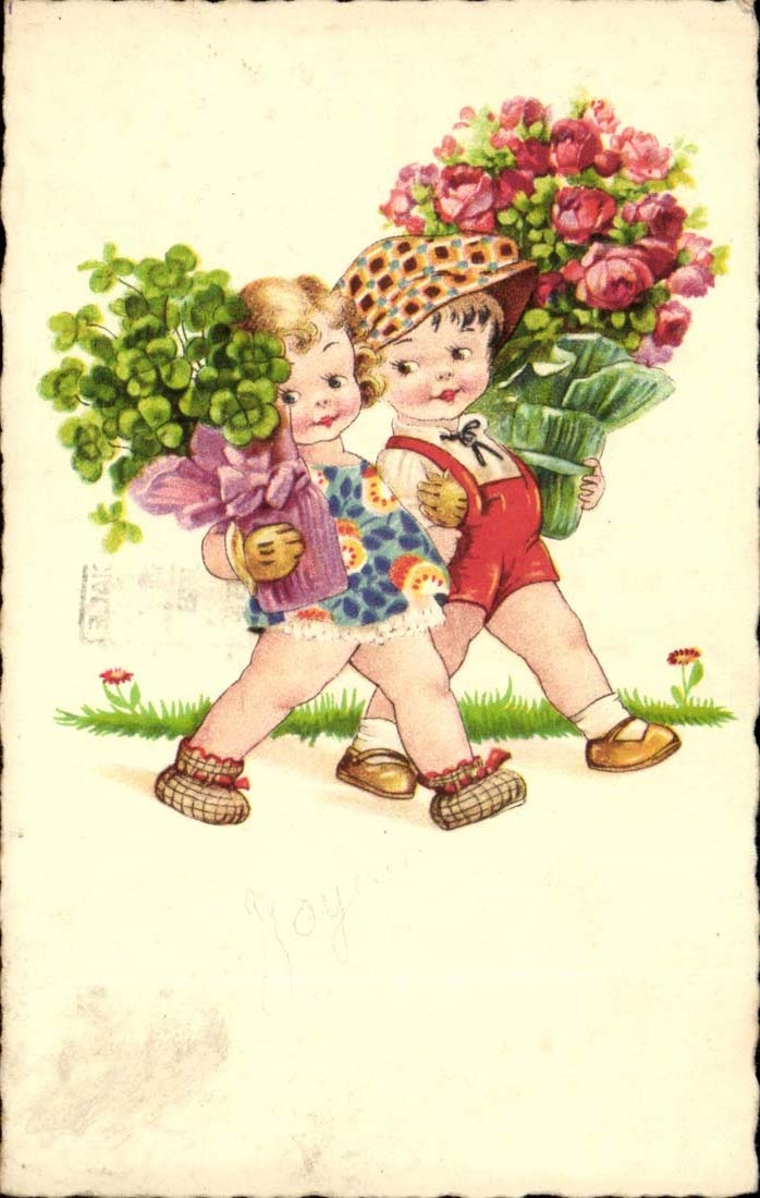 CPA Fantaisie Enfants et bouquet