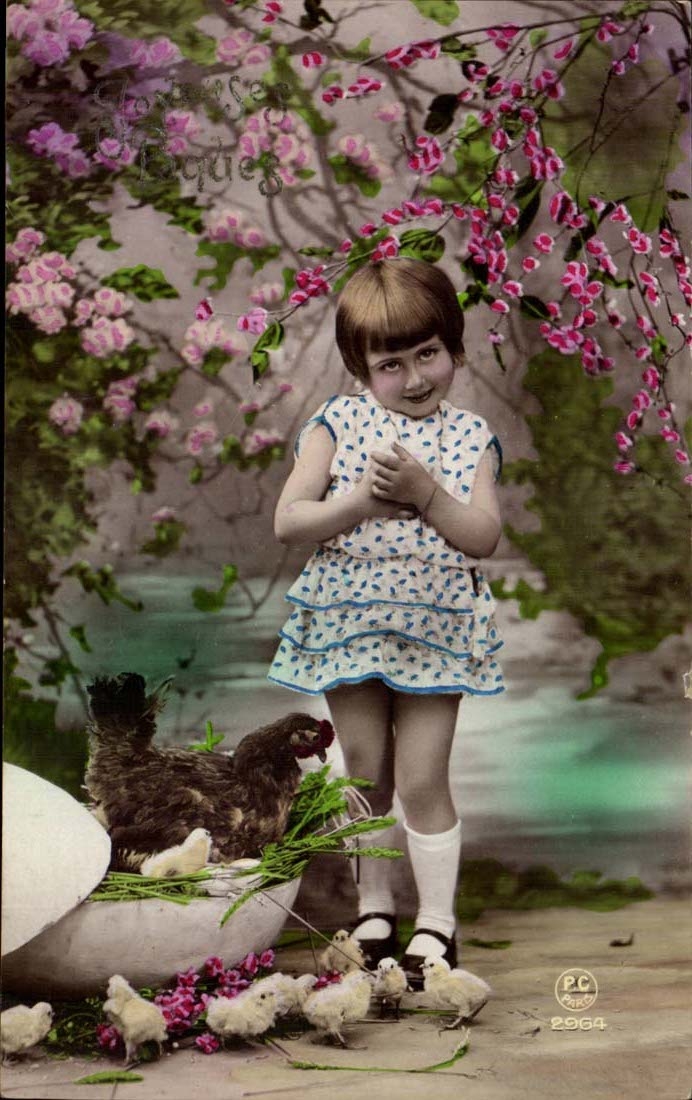CPA Fantaisie Joyeuses Paques (oeuf fleurs poules enfant)