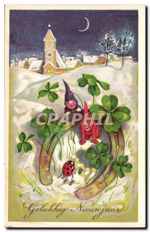 Zwerge und Skarabäus in einem Hufeisen — Winter-Nachtszene — Verlag nicht sichtbar