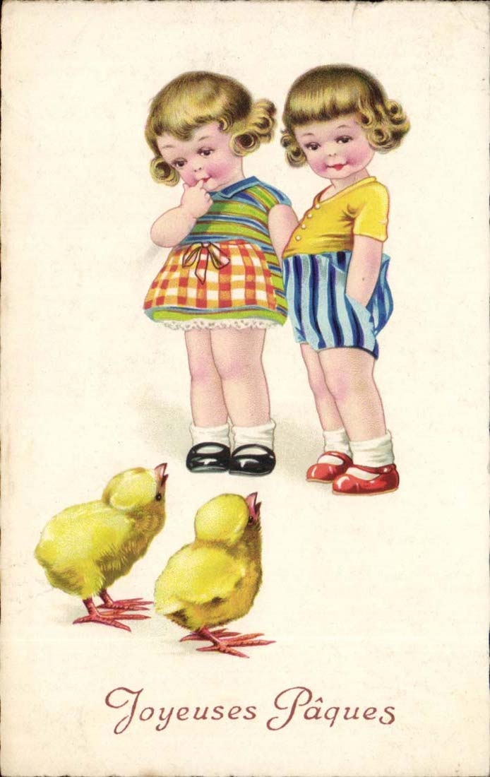 CPA Fantaisie Joyeuses paques (enfants poussins)