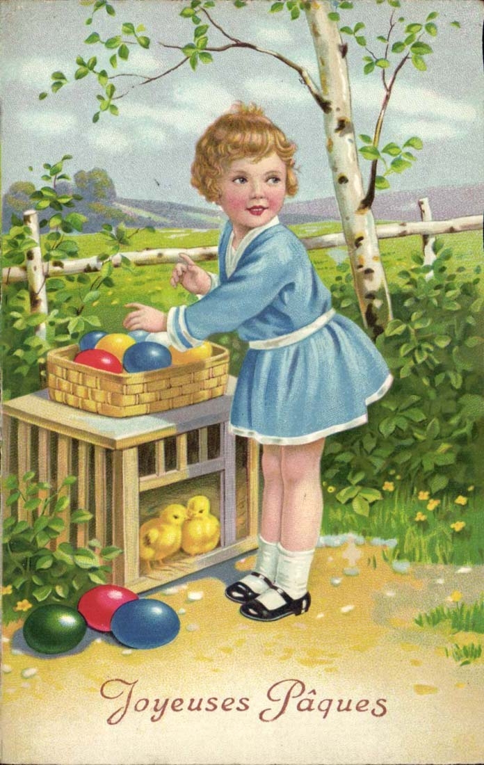 CPA FAntaisie Joyeuses paques (enfant poussin oeuf)