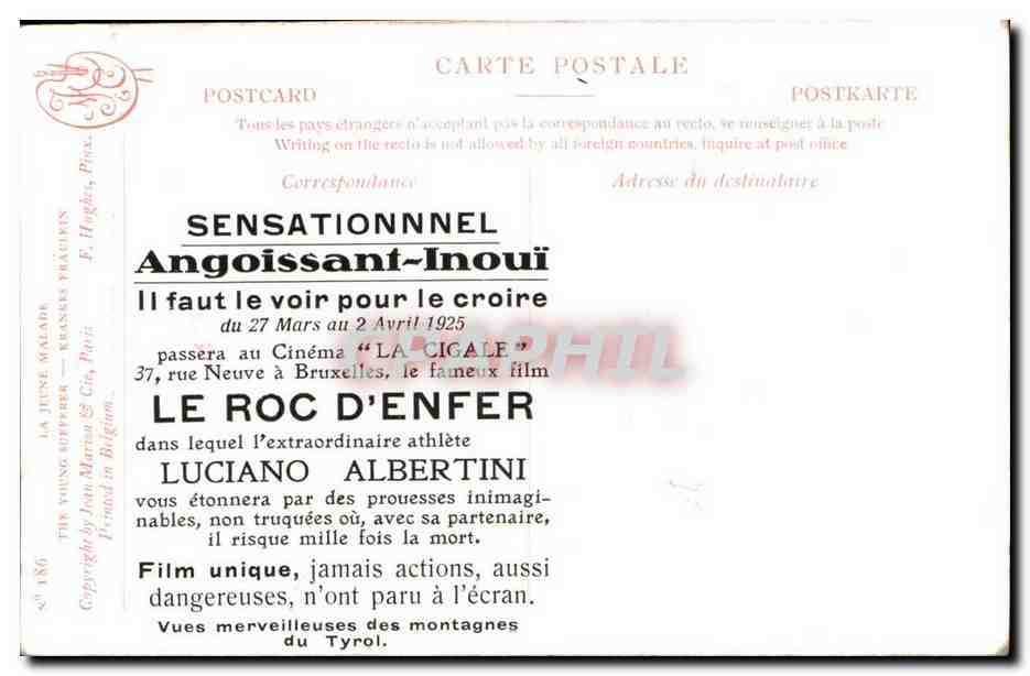 CPA FAntaisie Enfants et mandoline (musique) + au dos Publicite 27 mars au 2 avril 1925 Cinema La Cigale Le roc d'enfer — Back