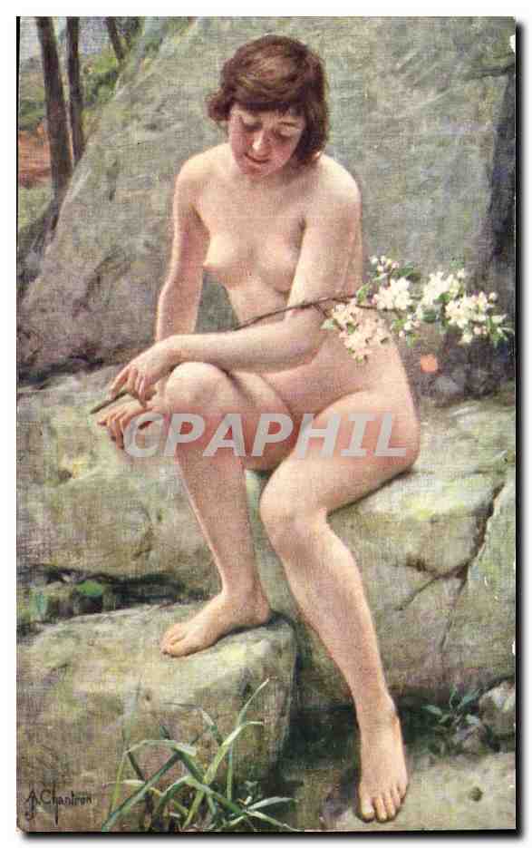 Jeune femme nue assise sur une roche — nature morte avec fleurs — gravure de A. Chantron