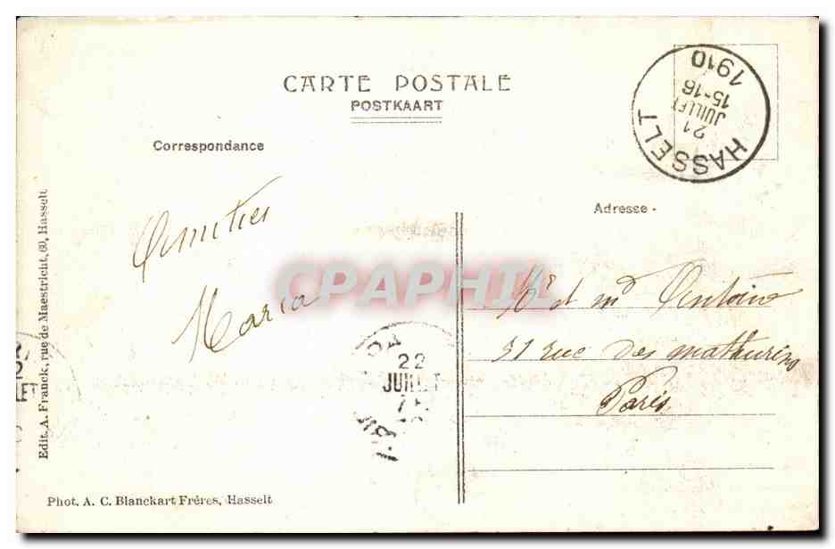 Hasselt. La Gendarmerie — éditeur A. C. Blancart Frères, n° de série non visible — Verso