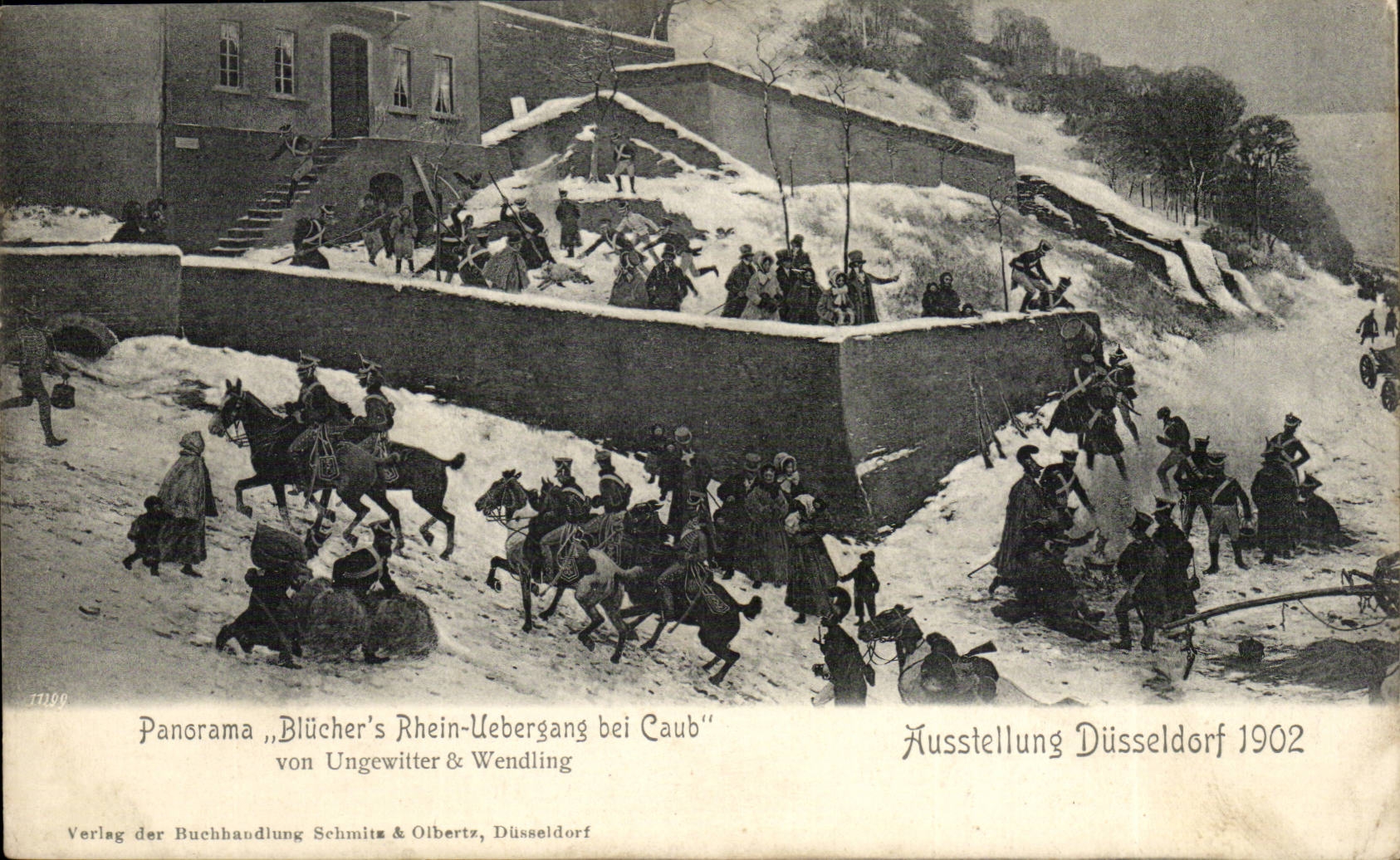 Blücher's Rhein-Übergang bei Caub — Panorama — Verlag der Buchhandlung Schmitz & Olbertz, Düsseldorf