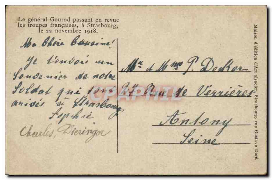 Le général Gourrod passant en revue les troupes françaises à Strasbourg — 22 novembre 1918 — Maison d'édition d'Art miscien, Strasbourg, rue Gustave Doré — Reverso