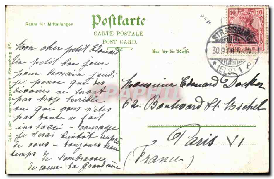Straßburg / Quai des Bateliers — Panoramablick mit Stelzen der Störche — Verlag Felix Lülb, n° 2818 — Rückseite