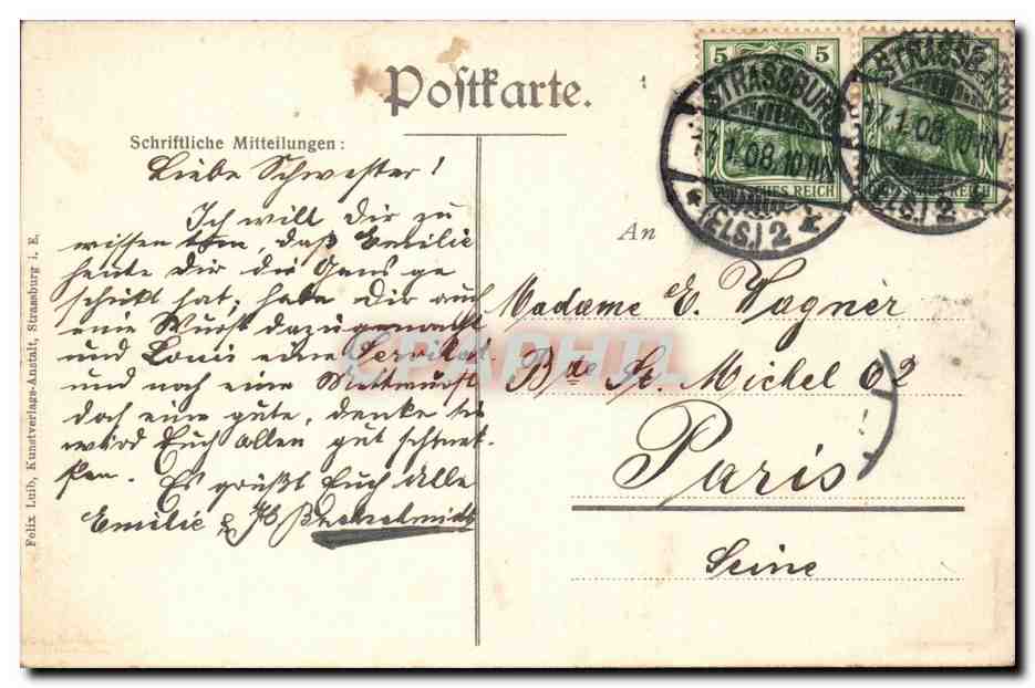 Strassburg CPA Rue empereur Guillaume Wilhelm stresse — Verso