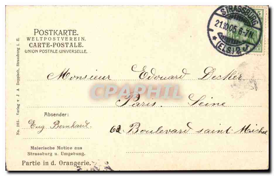 Strassburg CPA Partie in den Orangerie — Rückseite