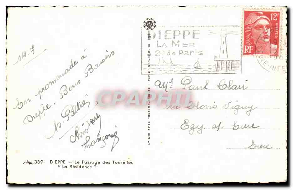 Dieppe CPA Le passage des Tourelles La Residence — Rückseite