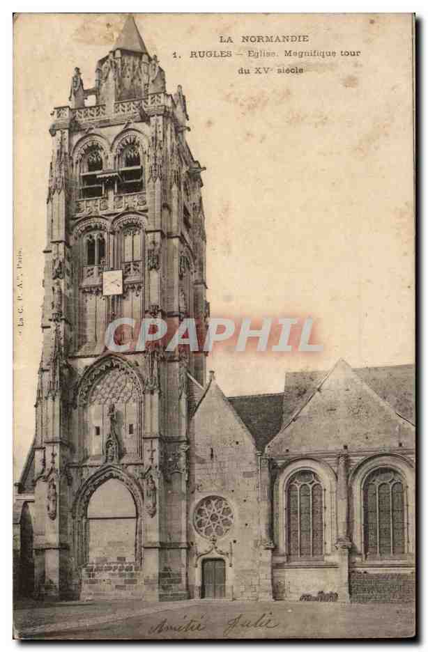 Rugles CPA Eglise Magnifique tour du 15eme