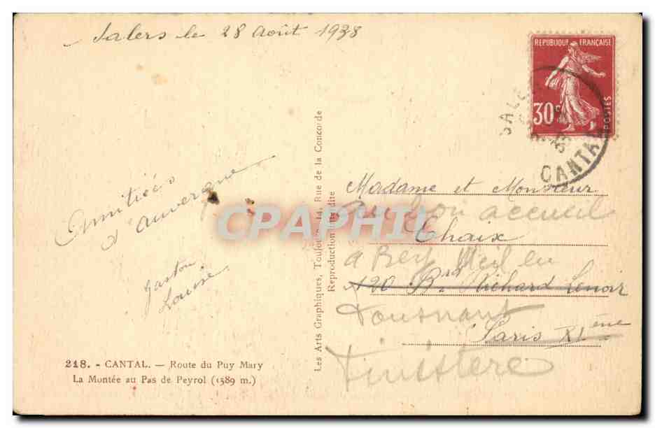 Cantal - Route de Puy Mary - Le Montee au Pas de Peyrol CPA  — Rückseite