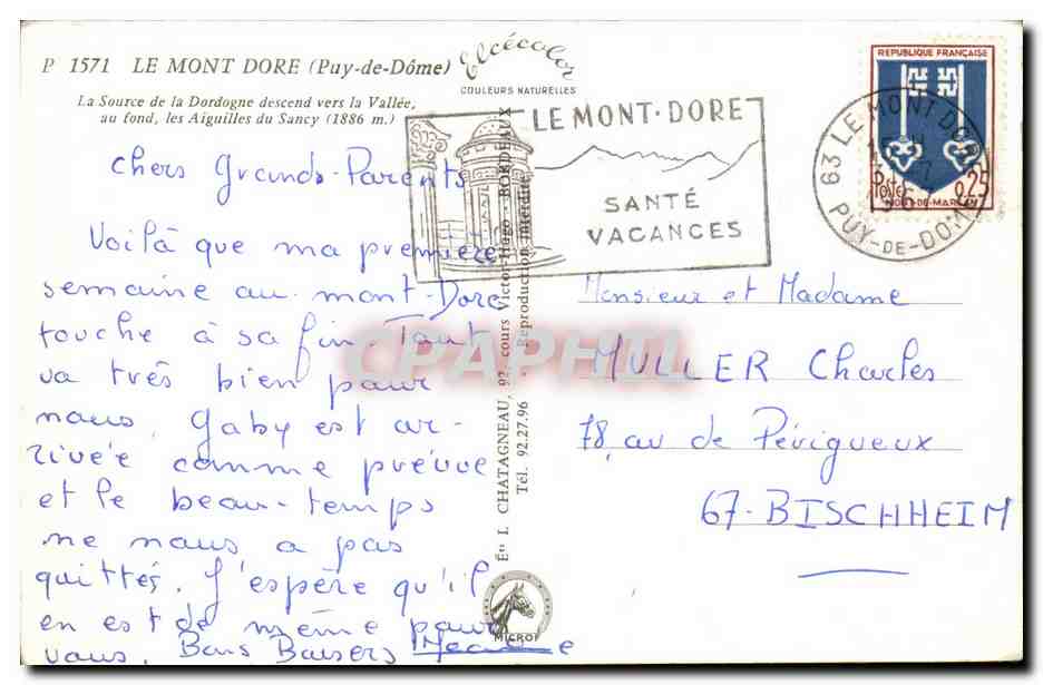 Le Mont-Dore (Puy-de-Dôme) — La Source de la Dordogne descend vers la Vallée, au fond, les Aiguilles du Sancy (1886 m) — Éditeur Elcécé — Verso