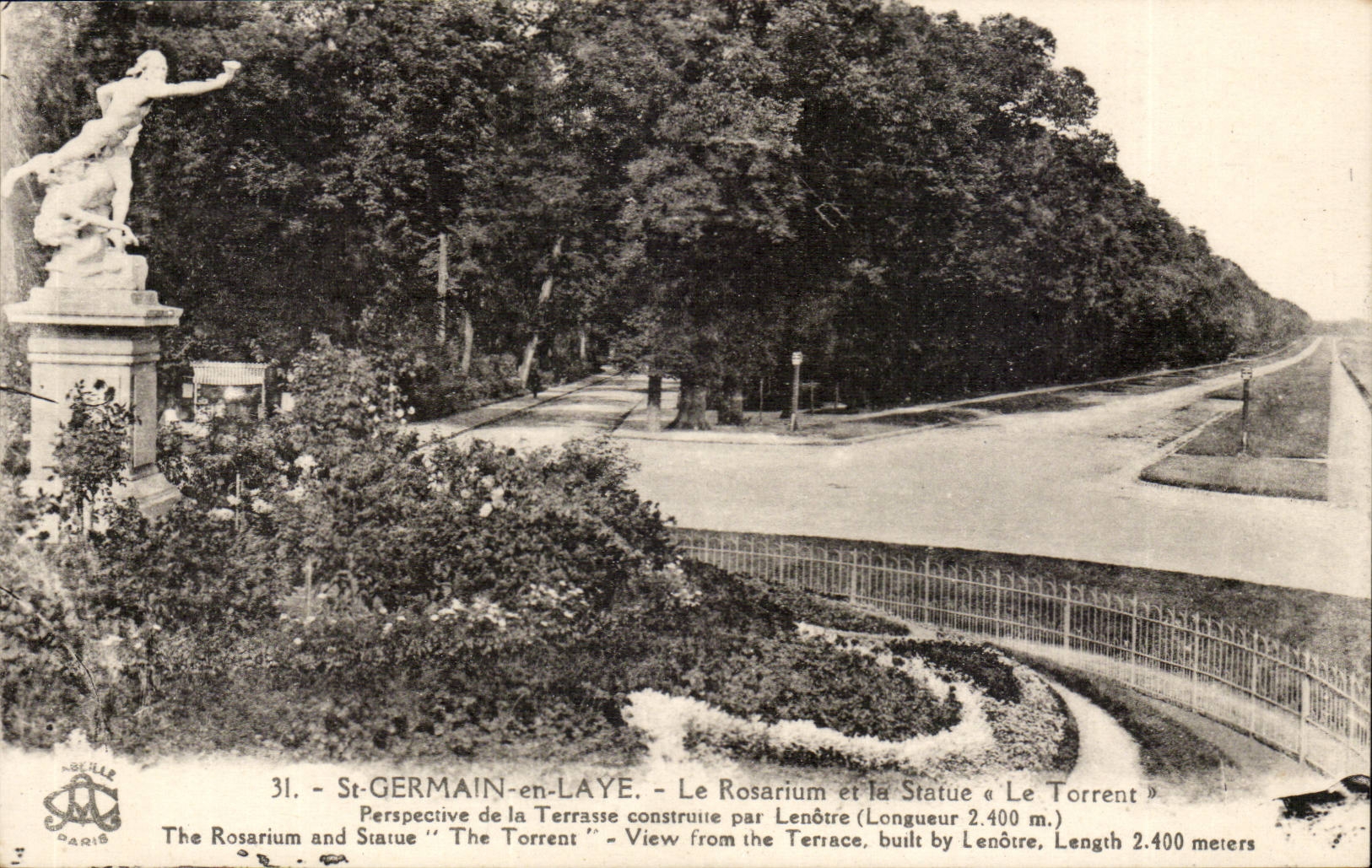 St-GERMAIN-en-LAYE - Le Rosarium et la Statue « Le Torrent » - Vue depuis la Terrasse construite par Lenôtre (Longueur 2.400 m)
