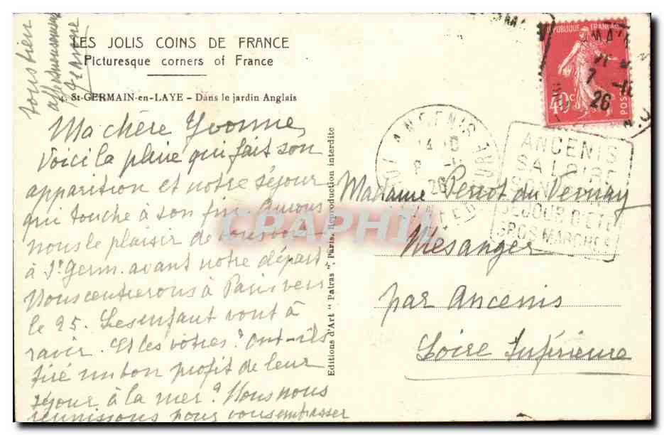 St-Germain-en-Laye — Jardin Anglais — Éditions d'Art 'Patras' — Verso