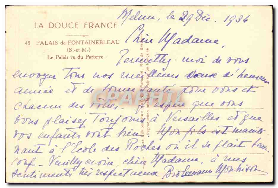 El Palacio de Fontainebleau — vista desde el Parterre — Tarjeta postal antigua La Douce France, n°45 — Reverso