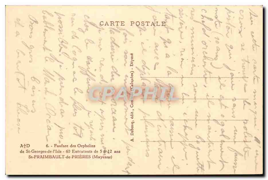 CPA Fanfare des orphelins de St Georges de l'isle 60 executants de 5 a 12 ans St Fraimbault de Prieres  — Rückseite