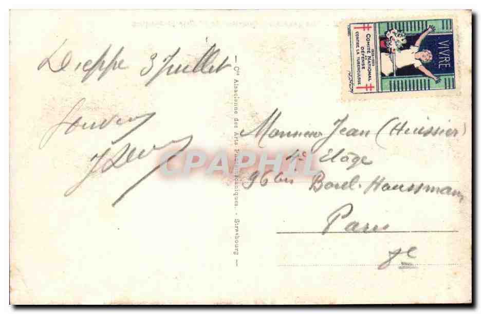 Dieppe CPA Vue generale Quartier de l'eglise St Jacques (vignette Tuberculose Vivre) — Verso