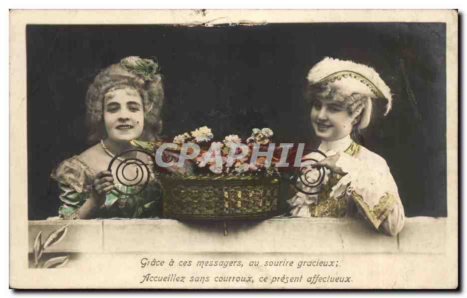 Deux jeunes femmes avec un panier de fleurs — texte imprimé — éditeur inconnu