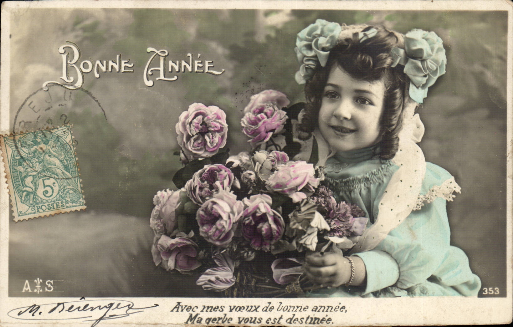 Fille avec bouquet de roses — Bonne Année — M. Réénges, n°353