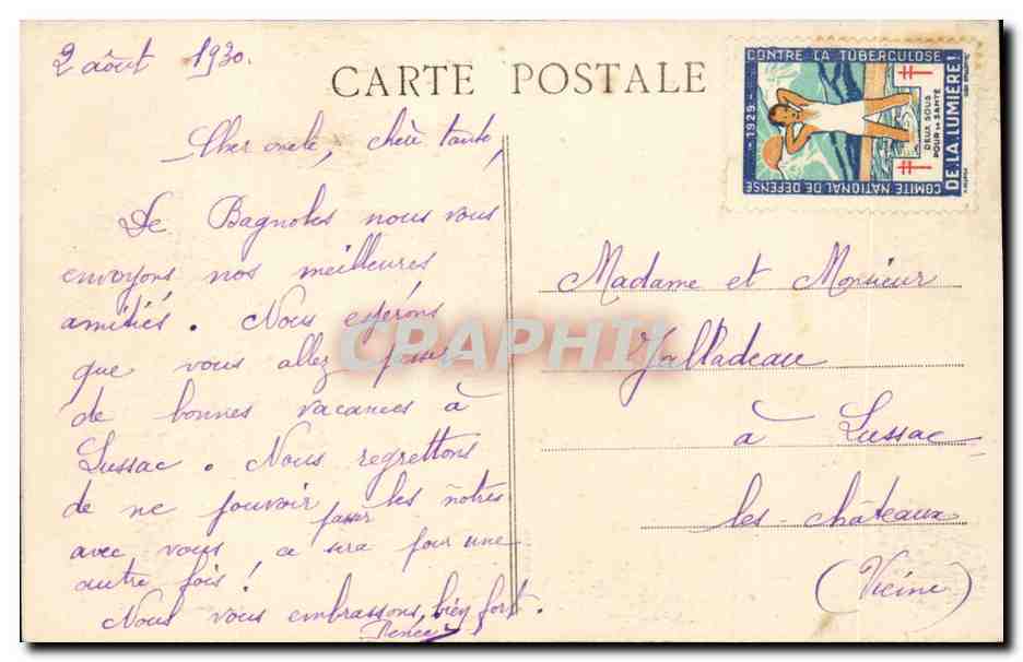 Bagnoles de l'orne CPA le casino du lac (vignette Tuberculose) — Rückseite