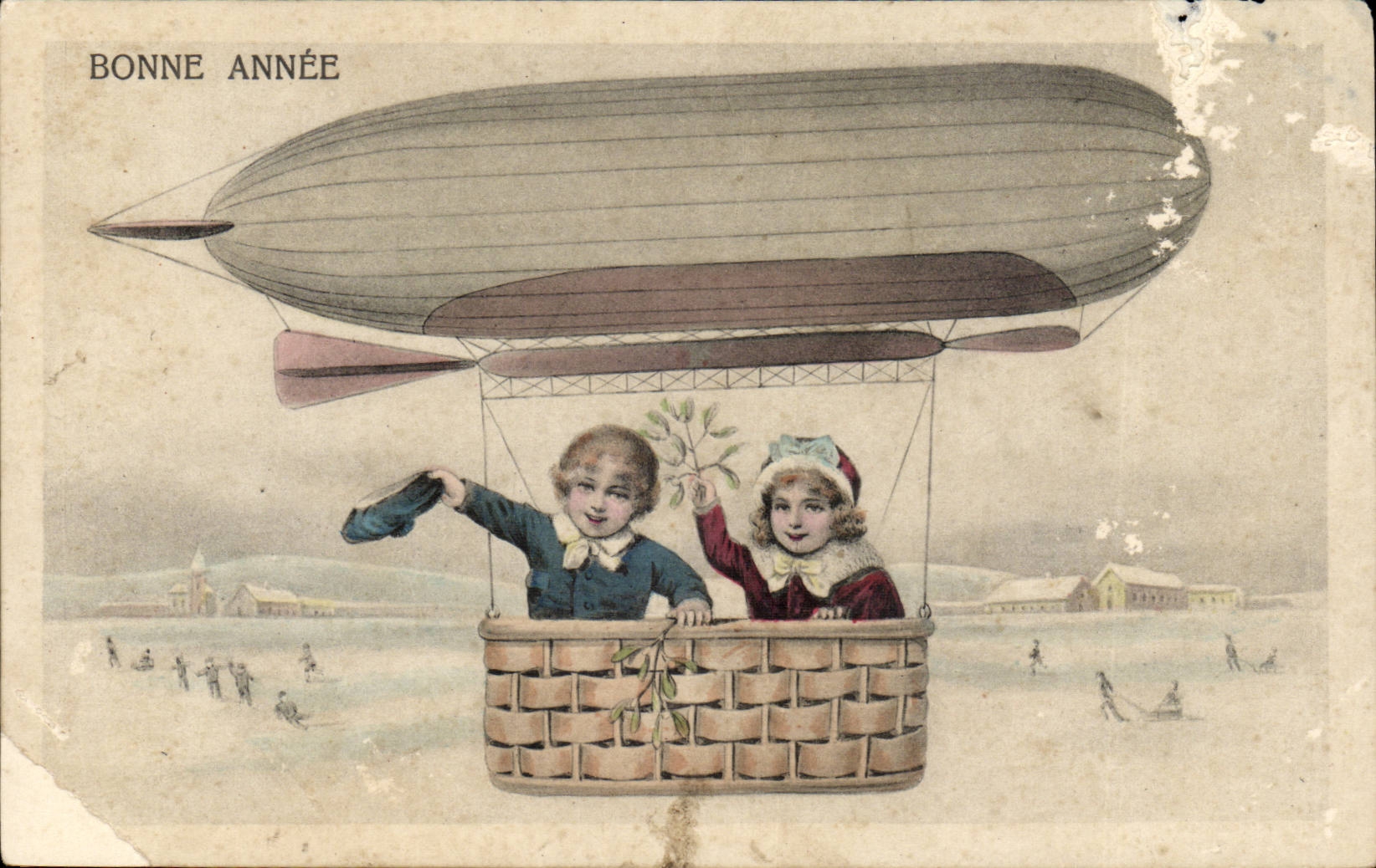 CPA Fantaisie Bonne annee Ballon Dirigeable