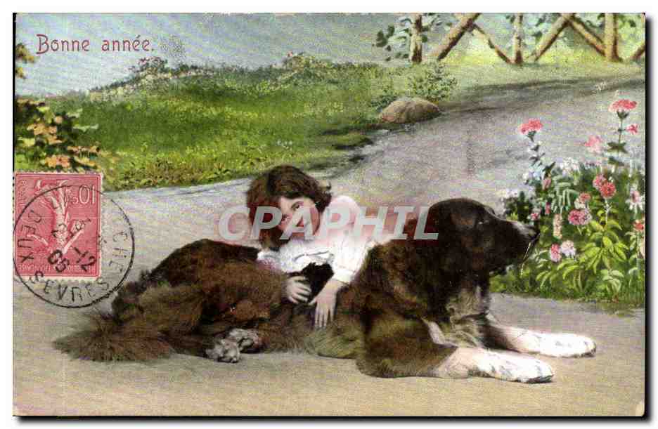 CPA Fantaisie Bonne annee (enfant chien dog)