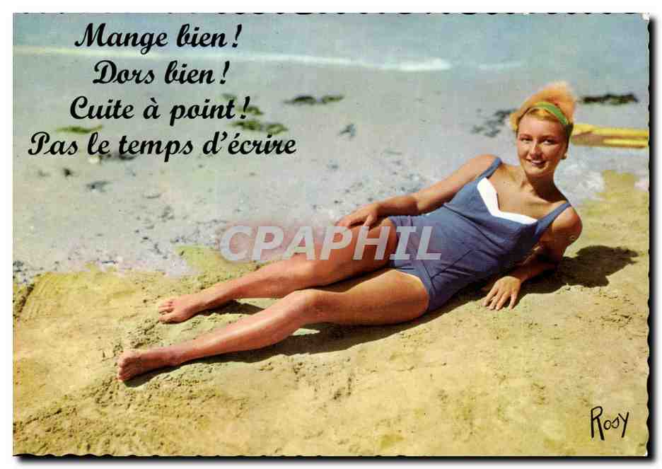 CPM Humour Mange bien Dors bien Pas le temps d'ecrire (pin up)