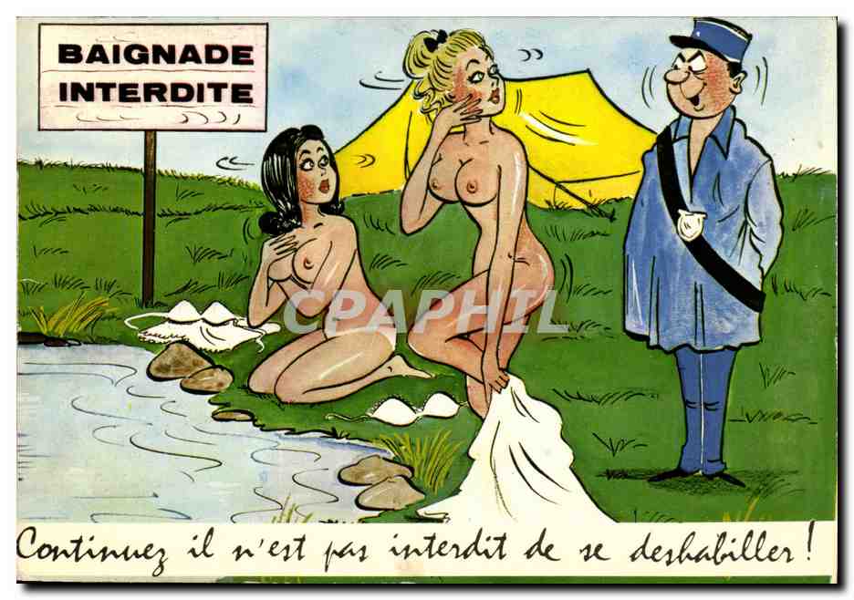 CPM Humour Baignade interdite Continuez il n'est pas interdit de se deshabiller (gendarme femmes nues)