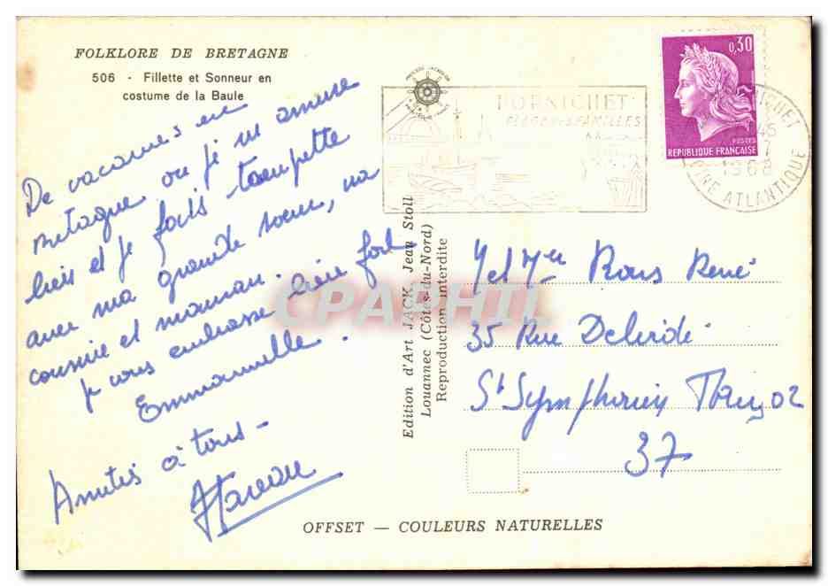 CPM Folklore de Bretagne Fillettes et sonneur en costume de la Baule — Rückseite