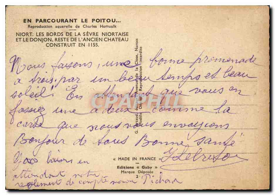 CPA En parcourant le Poitou Niort Les bords de la Sevre Niortaise et le donjon — Rückseite