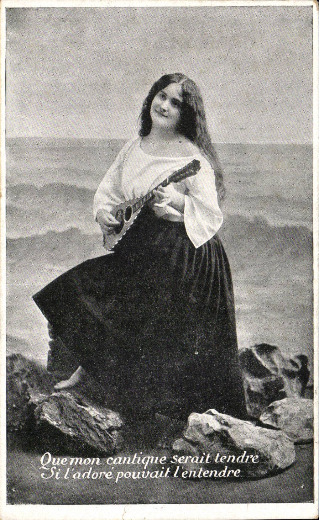 Fantaisie - Femme - Que mon cantique serait tendre - musique - intrument - CPA 