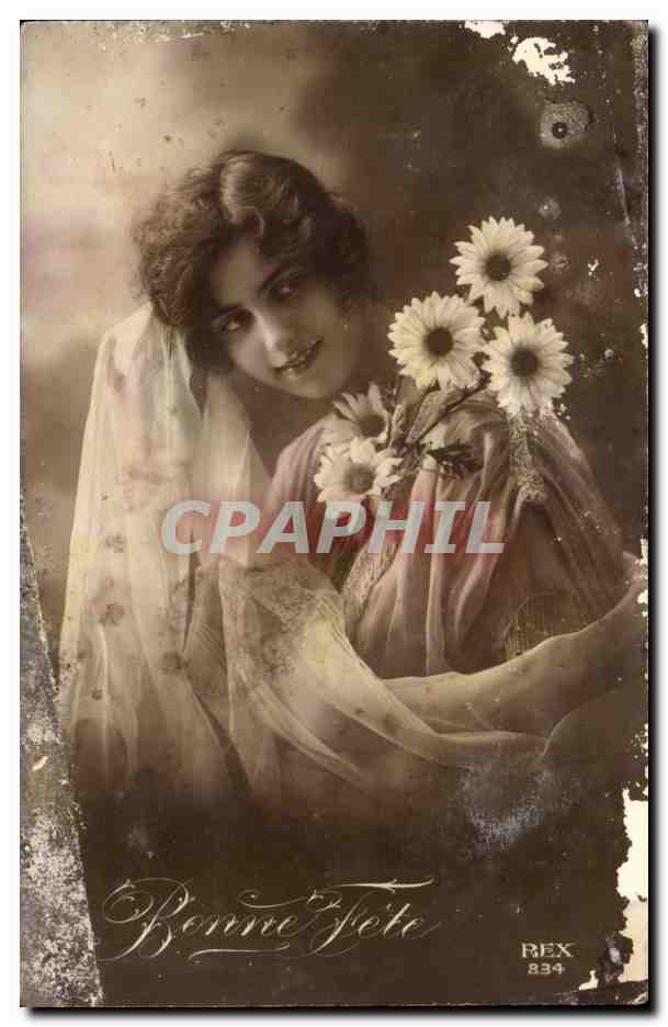 fantaisie - Femme avec fleurs - Bonne Fete - defaut - CPA 