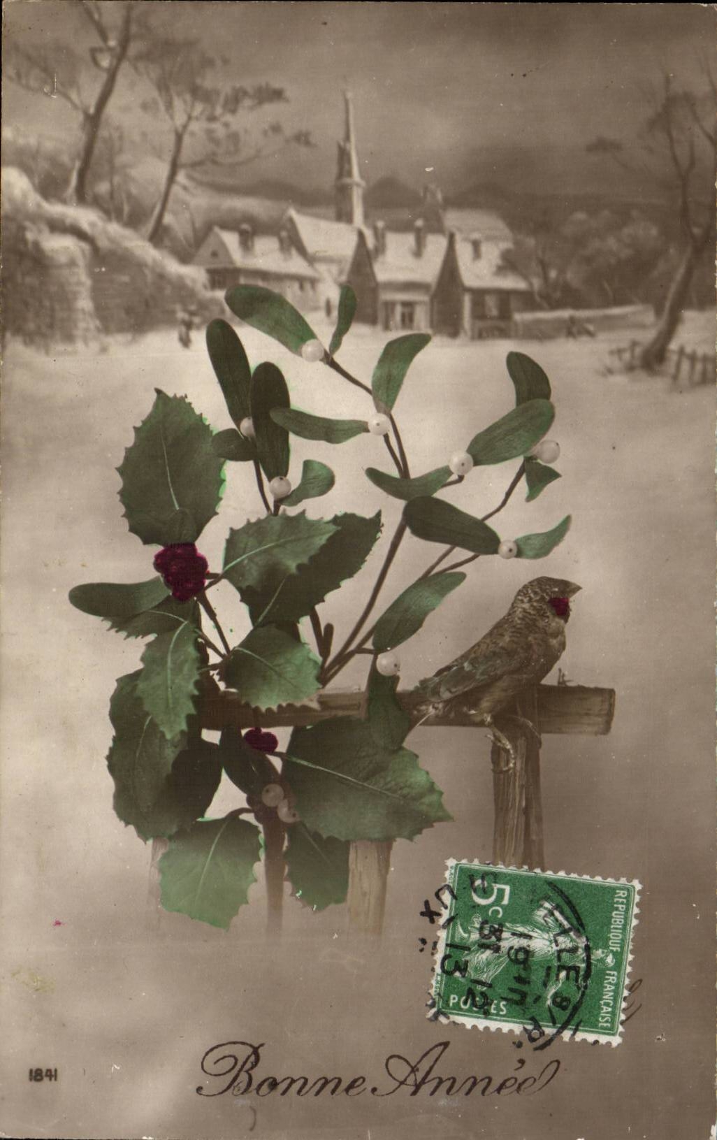 Fantaisie - Fete - houx - holly - oiseau - Bonne Annee - CPA 