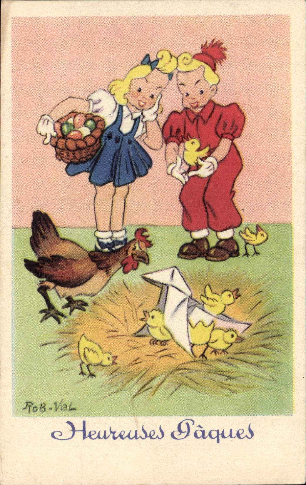 Fantaisie - Fete - Enfant - Heureuse Paques - poussin - coq - oeufs - CPA 