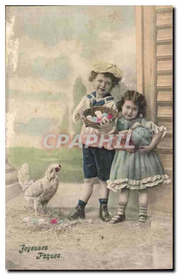 Fantaisie - Enfants - poulet - oeufs - Joyeuse Paques - CPA 