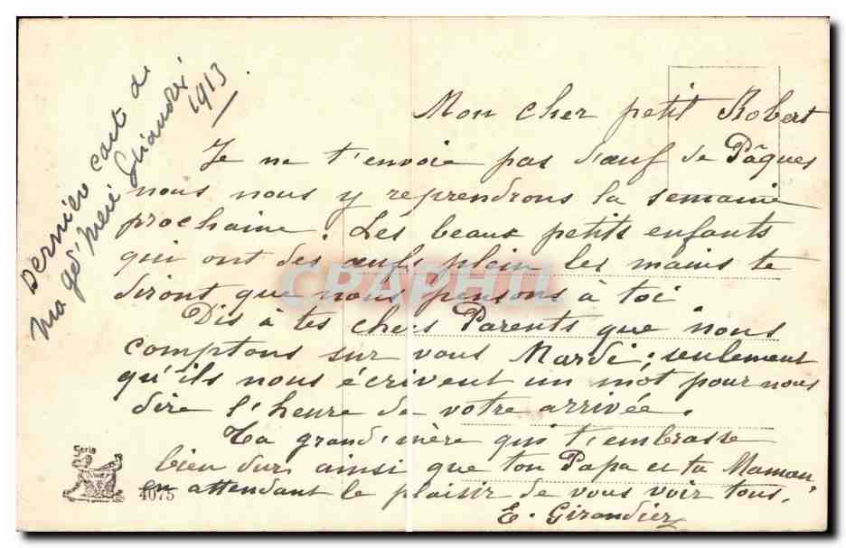 Fantaisie - Enfants - poulet - oeufs - Joyeuse Paques - CPA  — Rückseite