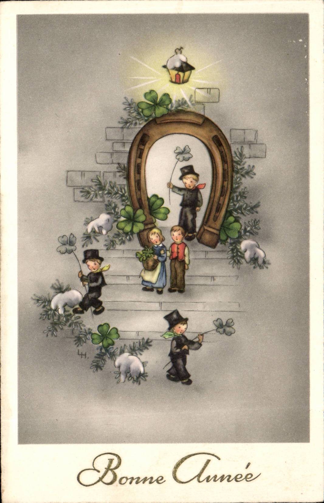 Fantaisie - Bonne Annee - trefle a quatre feuilles - four leaf clover - - CPA 