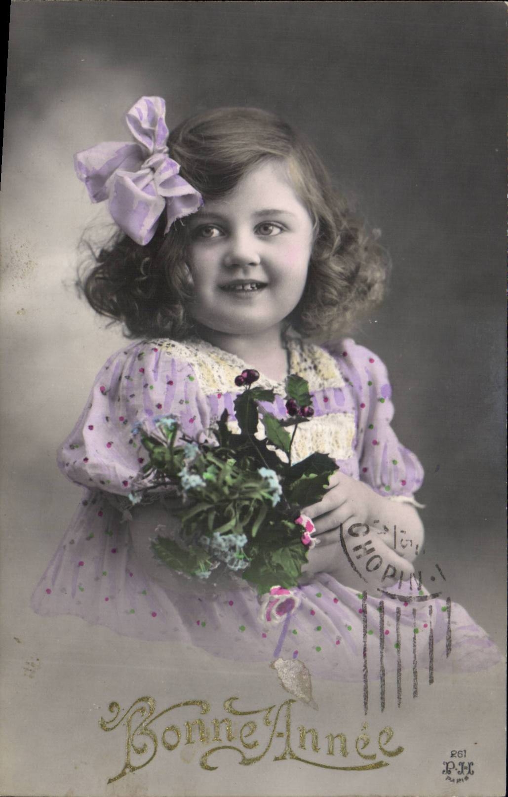 Fantaisie - Enfant - Jolie Fille avec houx - holly Bonne Annee - - CPA 