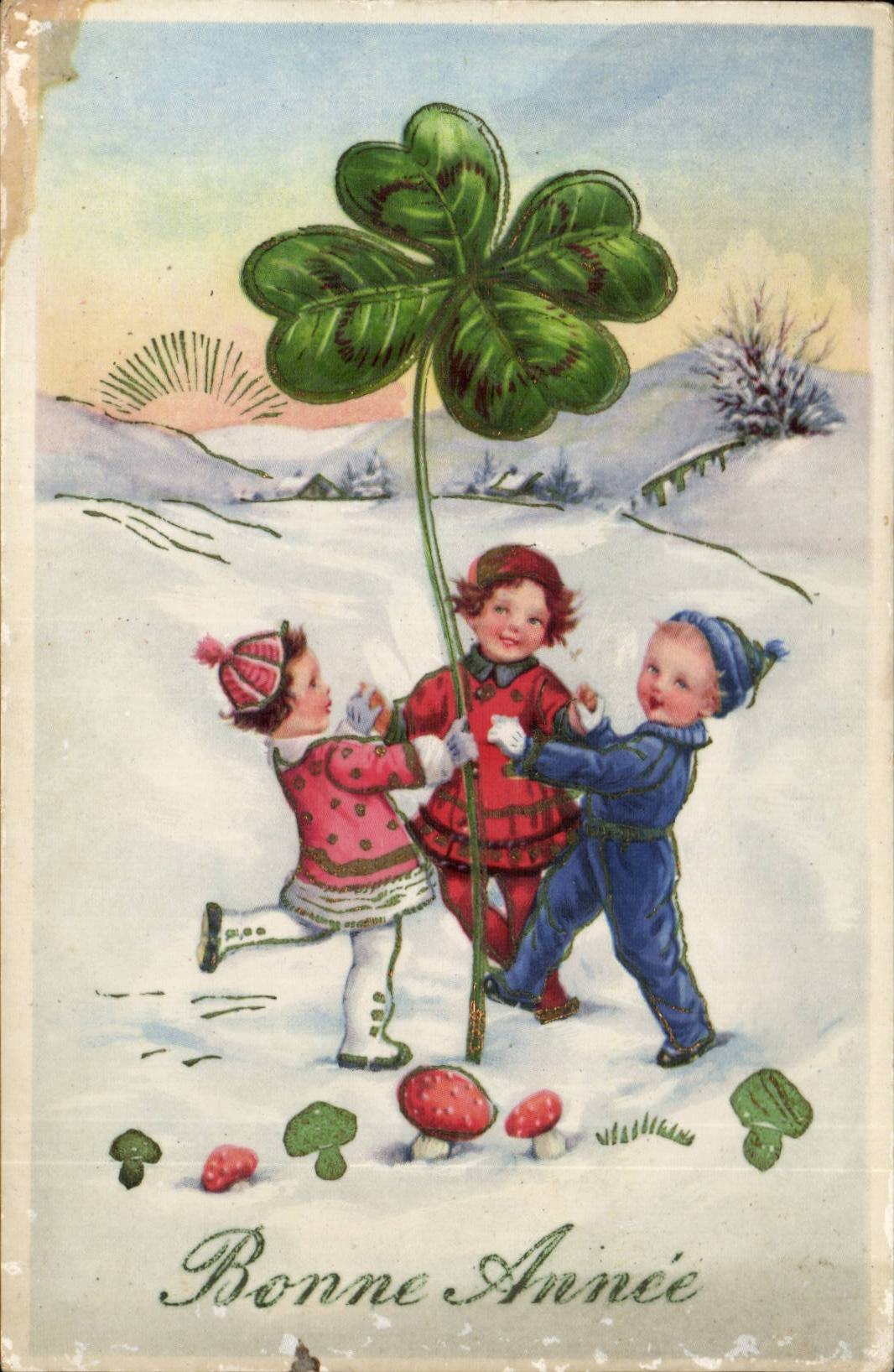 Fantaisie - enfants - Bonne Annee - trefle a quatre feuilles - four leaf clover - CPA 